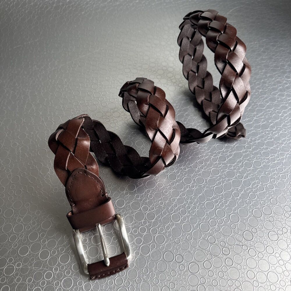 NLA Brown Braided Genuine Leather Belt Boho Scalloped Woven - Size 38 Adjustable